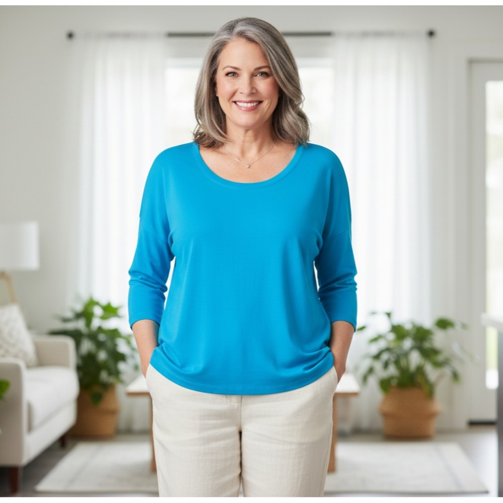 J. Jill Perfect Pima Ballet‎ Sleeve Top Womens 3X Blue Minimalist Comfort Casual
